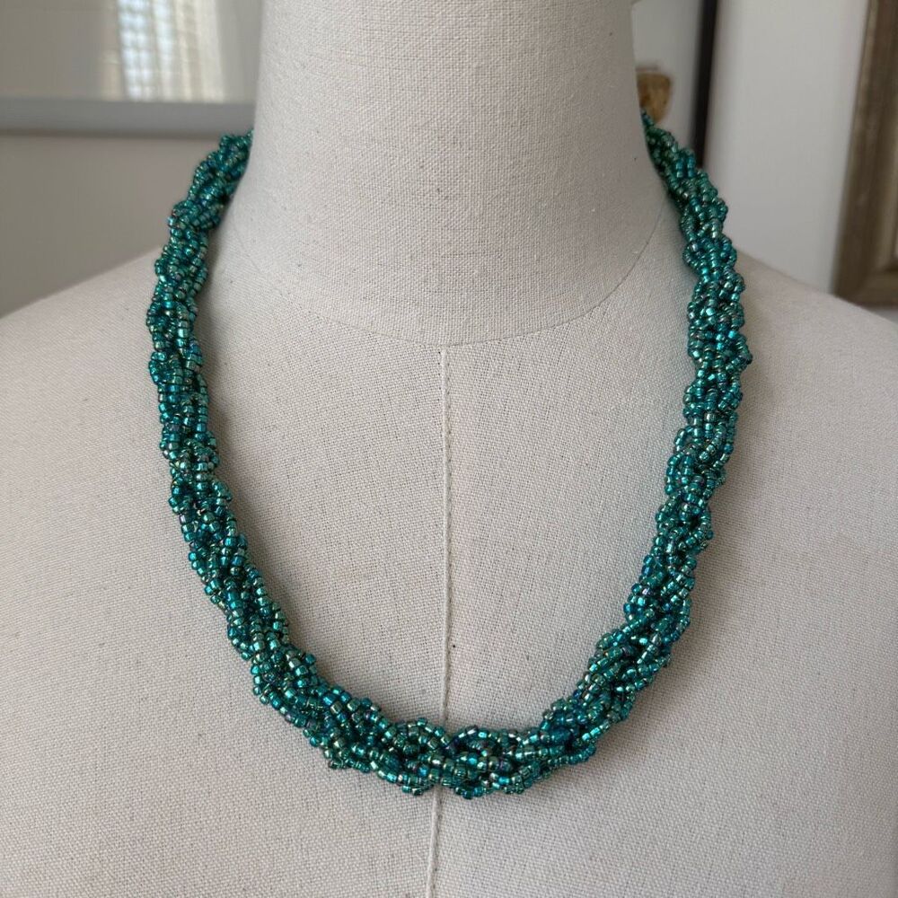 Turquoise Iridescent Glass Bead Braided Necklace Magnetic Clasp 24”